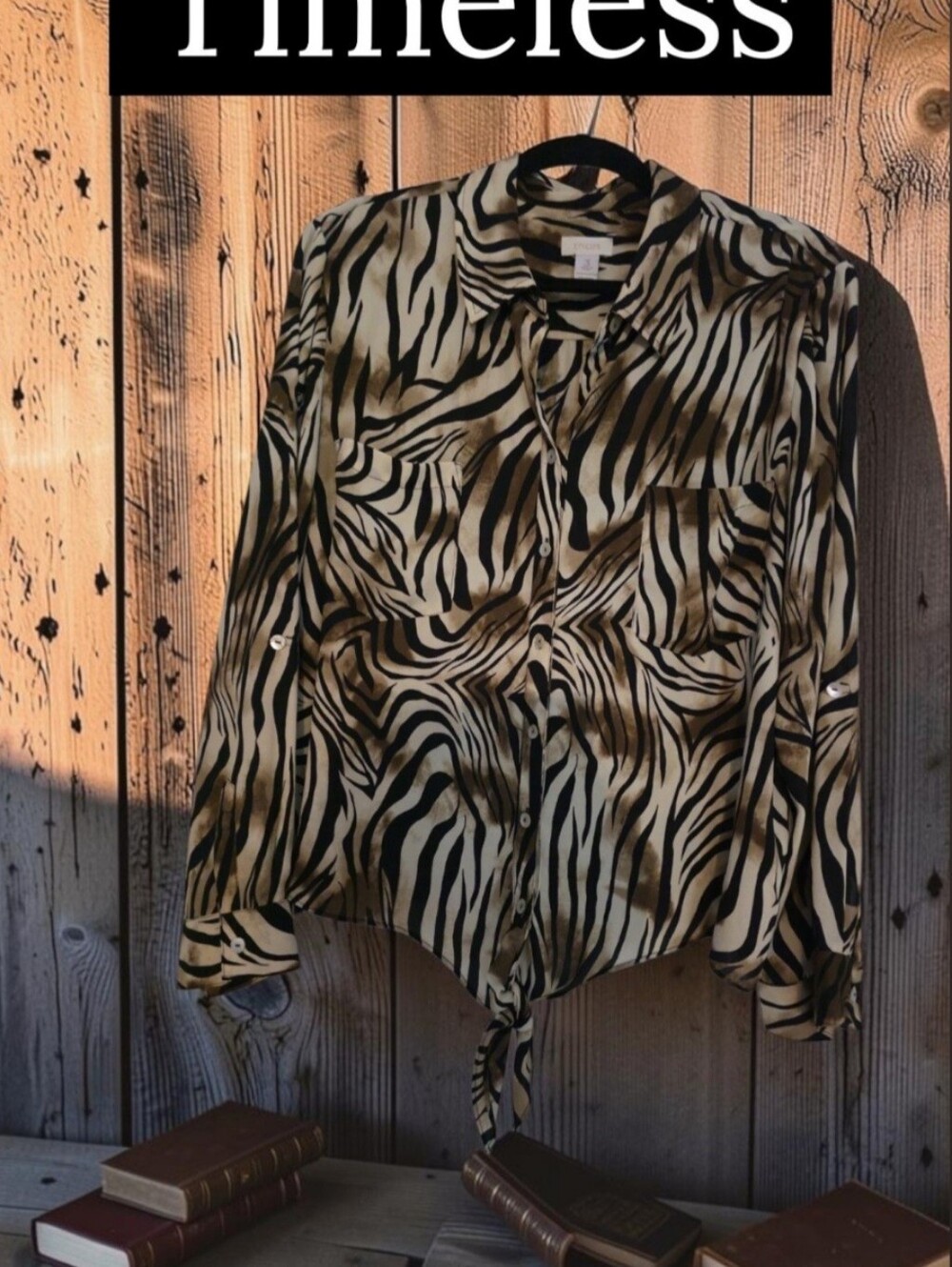 Chico's Black and Cream Zebra-Print Tie-Front Button-Down Shirt Size 3 - Picture 4 of 8